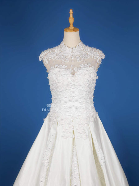 White Satin Floral lace and Beads Wedding Gown - Diadem