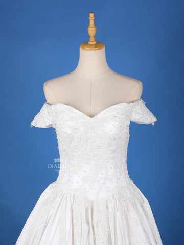 White Satin Floral lace and Beads Wedding Gown - Diadem