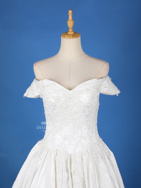 White Satin Floral lace and Beads Wedding Gown - Diadem