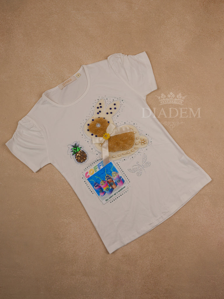 White Cotton Half Sleeve T-Shirt Rabbit