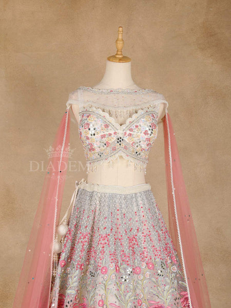 White Lehenga Adorned with Floral Embroidery Designs, with Net Cape - Diadem
