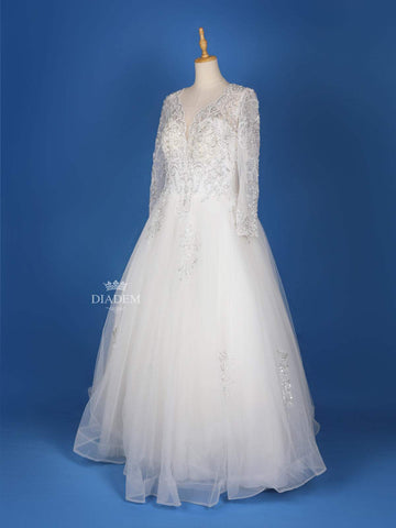 White Net Floral Embroidery Designed Wedding Gown - Diadem