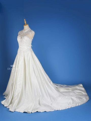 White Satin Floral lace and Beads Wedding Gown - Diadem