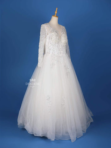 White Net Floral Embroidery Designed Wedding Gown - Diadem