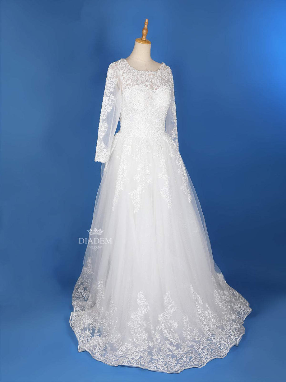 Shop White Wedding Net Gown with Floral Lace Stone Work Full Sleeves