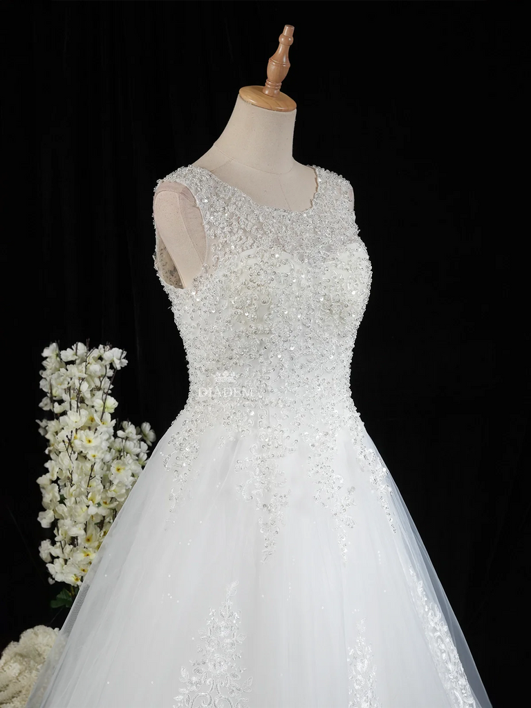 White Gown Made of Net with Sequins, Embroidery