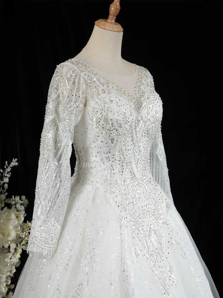 White Gown Featuring Sequins, Beads