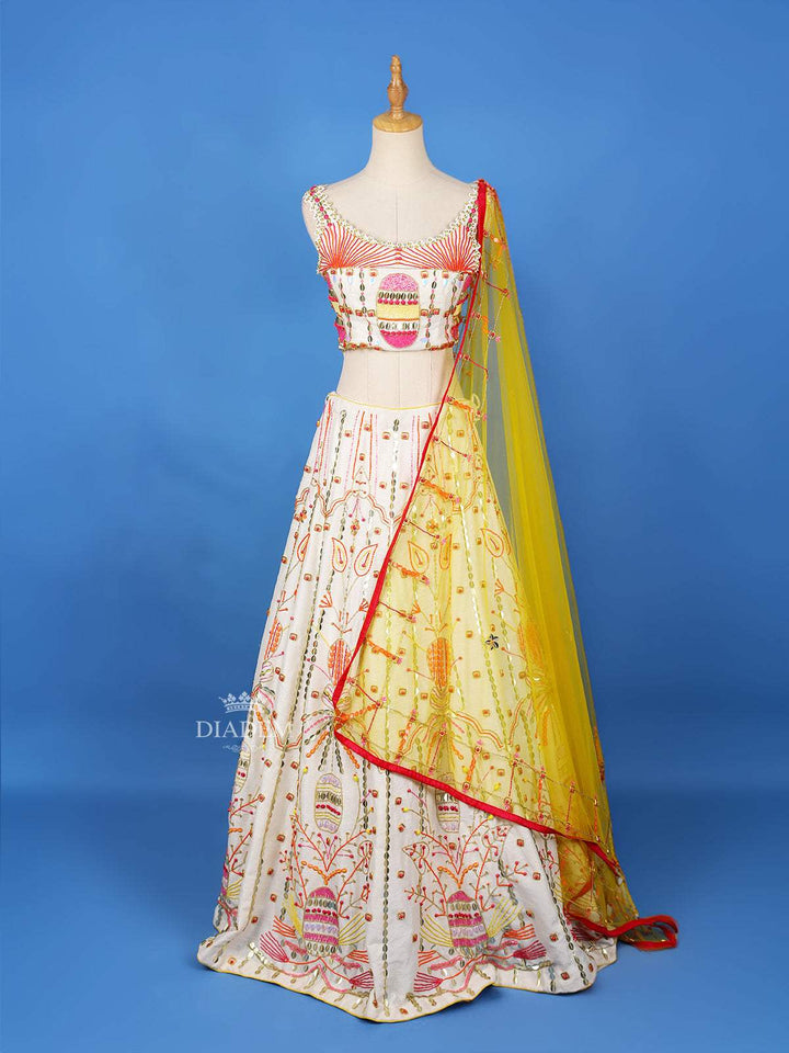 White Lehenga Adorned with Beads Embroidery Designs, with Net Dupatta - Diadem