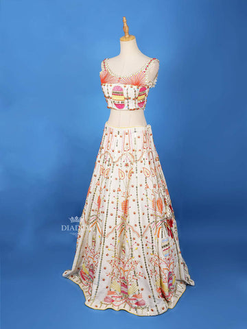 White Lehenga Adorned with Beads Embroidery Designs, with Net Dupatta - Diadem