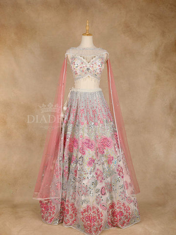 White Lehenga Adorned with Floral Embroidery Designs, with Net Cape - Diadem