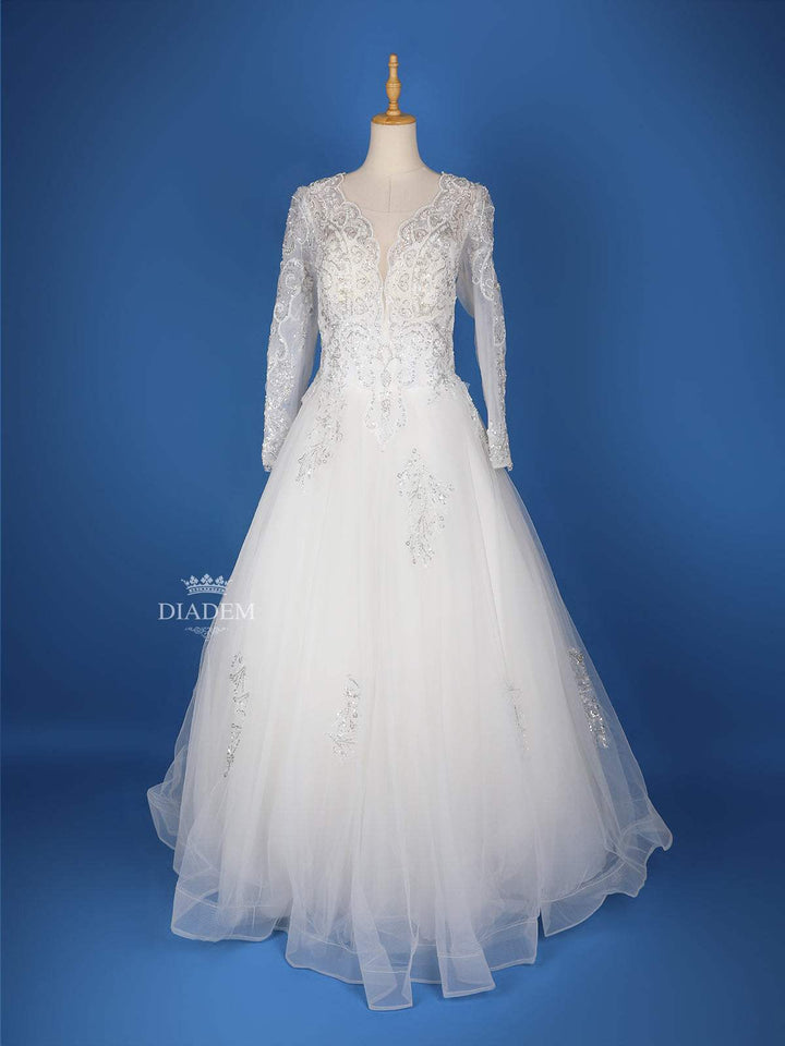 White Net Floral Embroidery Designed Wedding Gown - Diadem