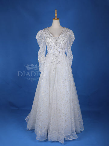 White Net Floral Embroidery Wedding Gown - Diadem