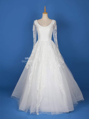 White Net Floral lace Wedding Gown - Diadem