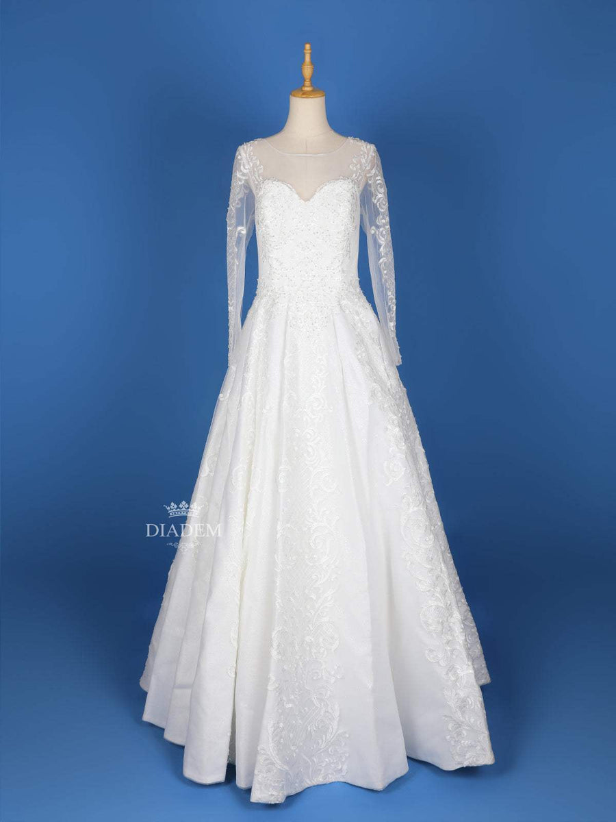 Shop White Net Gown Online with Sequin Embroidery & Full Sleeves