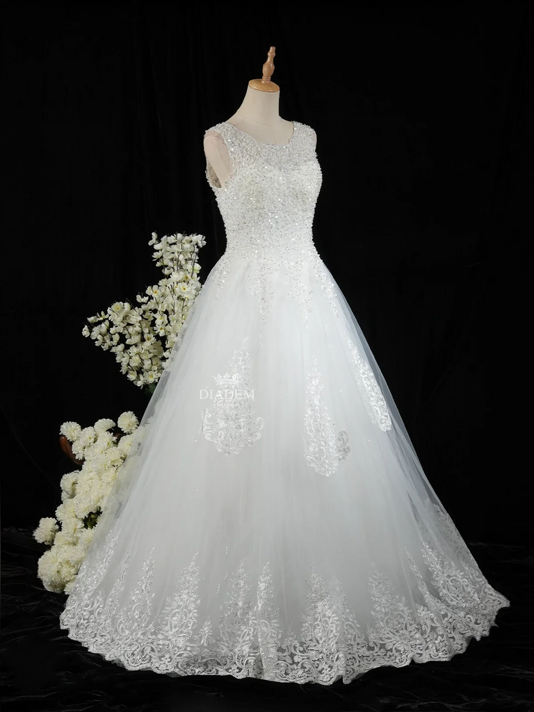 White Net Gown with Sequins, Embroidery