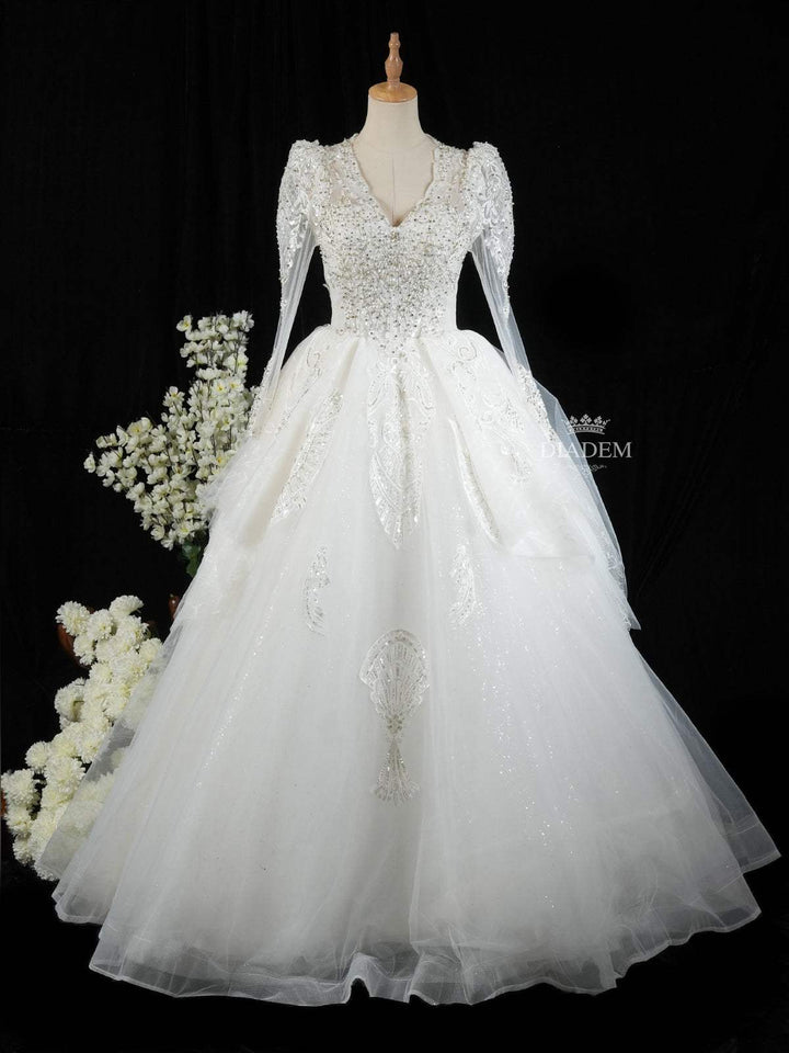 White Net Floral Lace And Stone work Designs Wedding Gown - Diadem