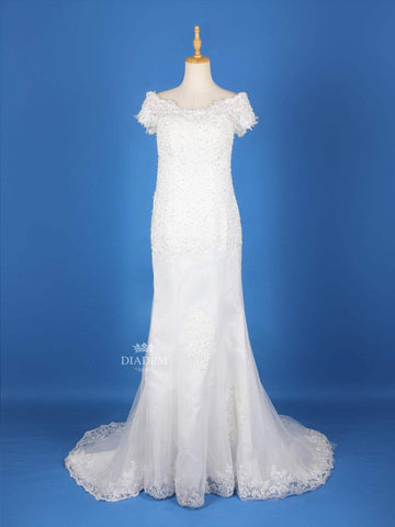 White Net Floral lace and Beads Wedding Gown - Diadem