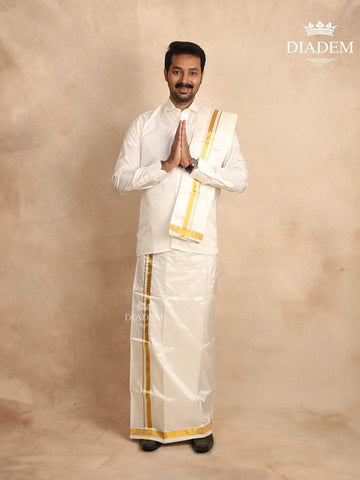 White Pure Silk Dhoti with Shirt, Paired with Towel - Diadem