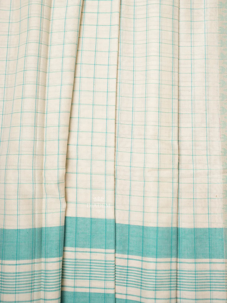 White Saree with Check Pattern and Designed