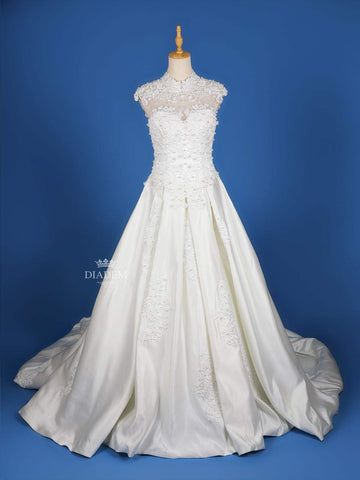 White Satin Floral lace and Beads Wedding Gown - Diadem