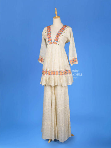 White Cotton Sharara Salwar Suit Adorned with Floral Printed Designs, with 3/4 Sleeve - Diadem