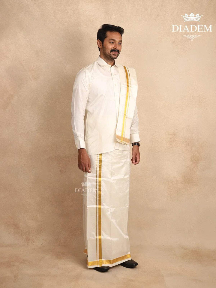 White Pure Silk Dhoti with Shirt, Paired with Towel - Diadem