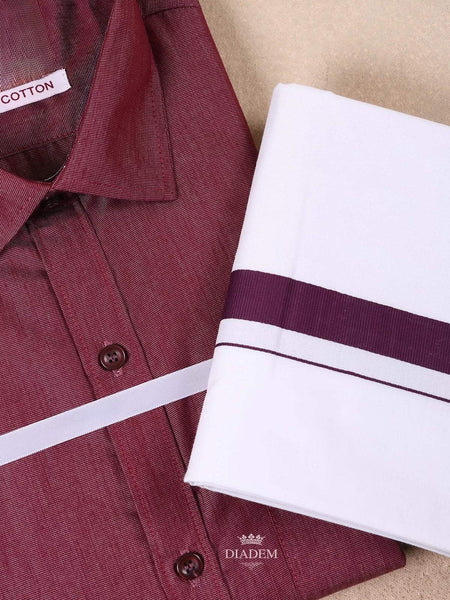 Wine Plain Cotton Full Sleeve Shirt with Matching Border Dhoti Set - Diadem