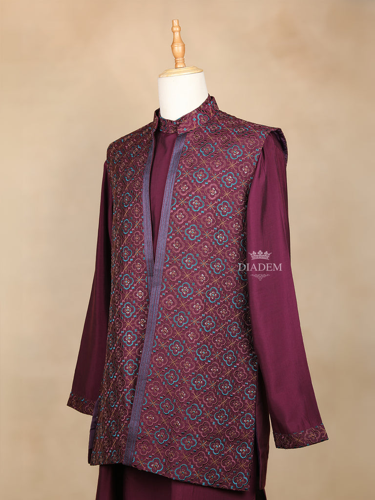 Wine Embroidered Sherwani