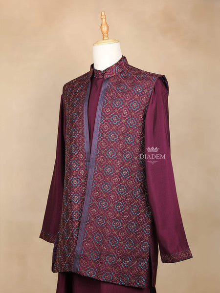 Wine Raw Silk Embroidery Indo-Western Sherwani Suit, with Pant - Diadem