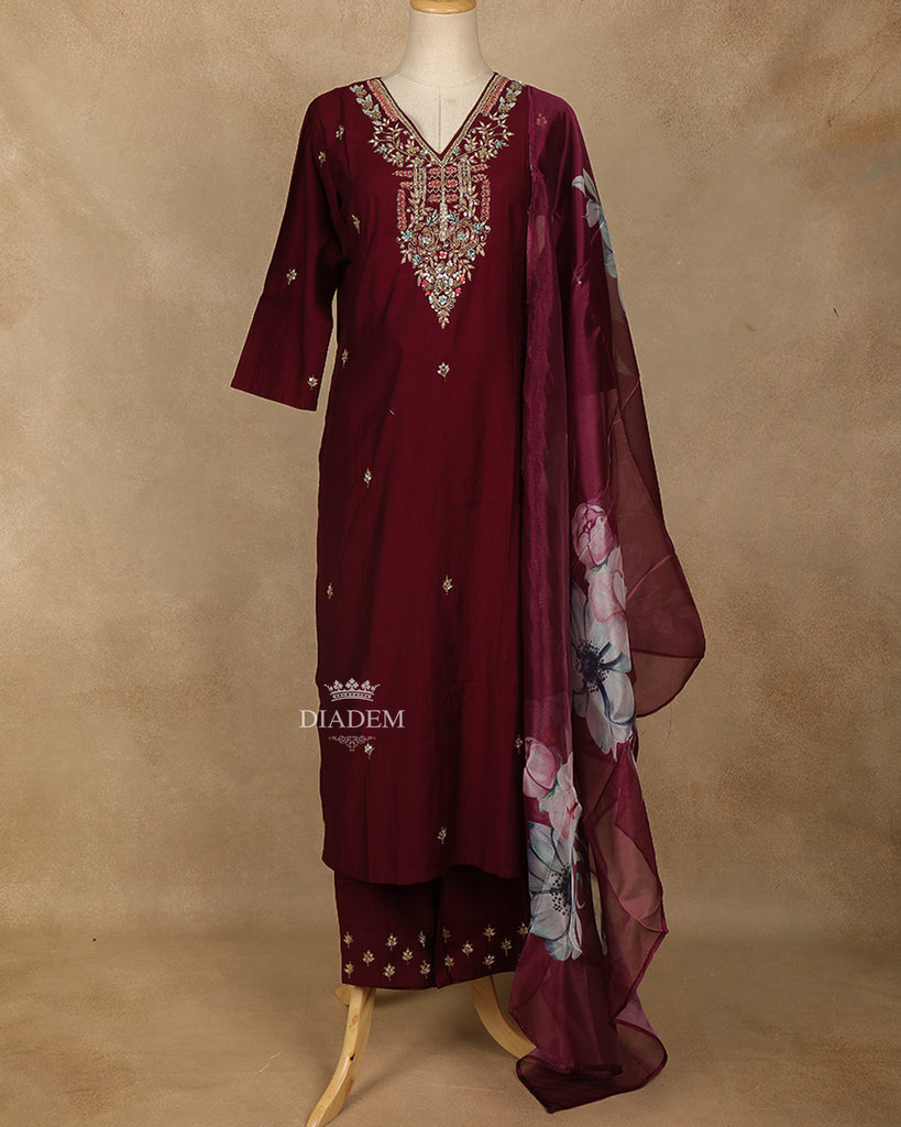 Wine Floral Embroidered Straight Cut Salwar