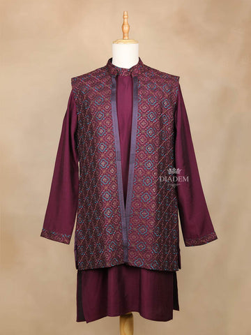 Wine Raw Silk Embroidery Indo-Western Sherwani Suit, with Pant - Diadem