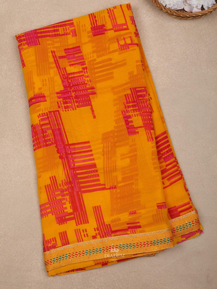 Yellow Abstract Printed Crepe Saree - Diadem