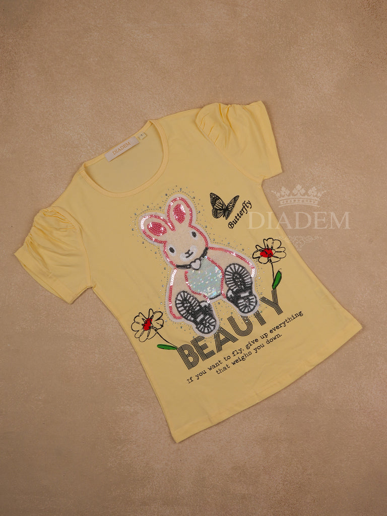 Yellow Cotton Half Sleeve T-shirt Rabbit