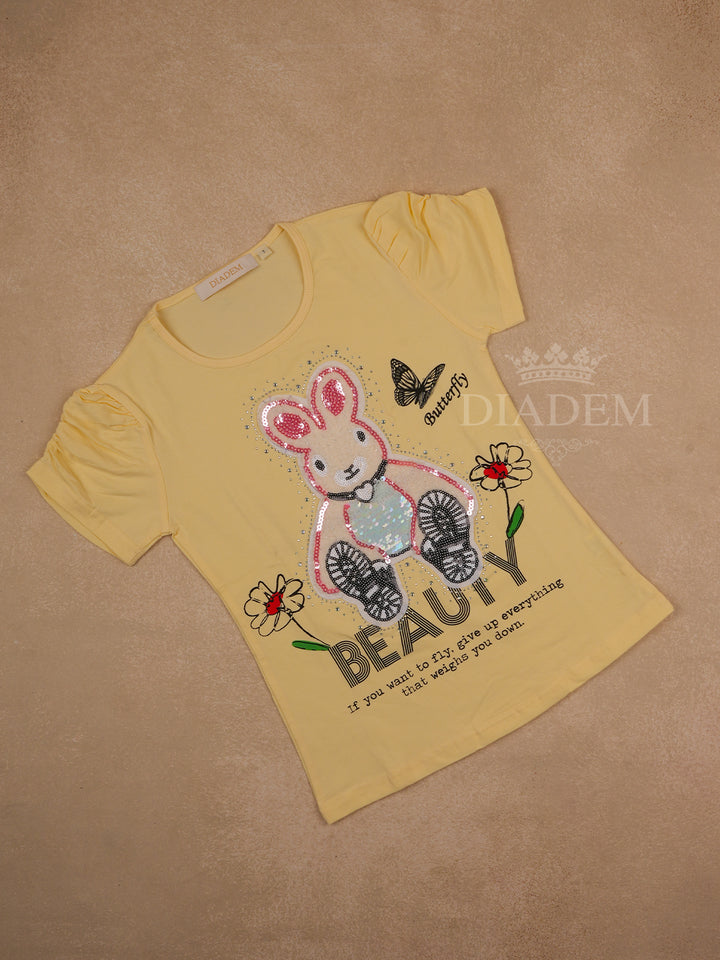 Yellow Cotton Half Sleeve T-shirt Rabbit