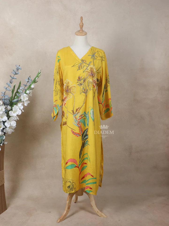 Yellow Crepe Kurti Top Adorned