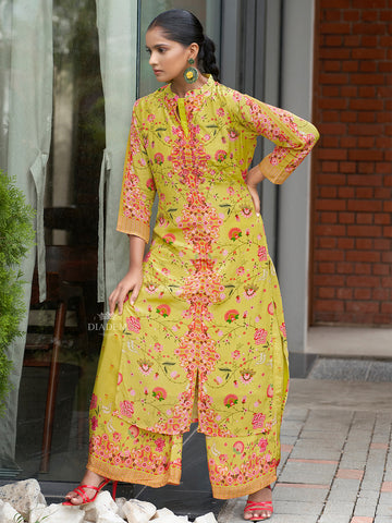 Yellow Crepe Palazzo Suit Floral Embroidery