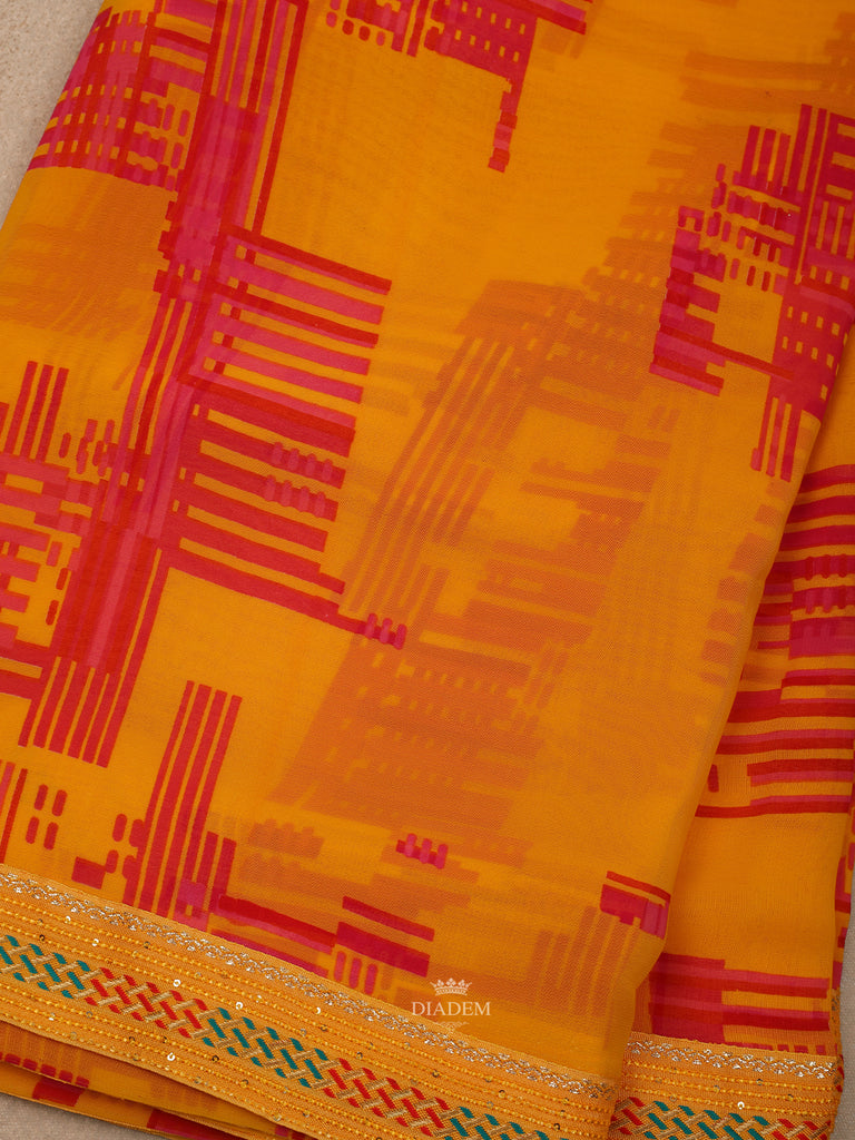 Yellow Crepe Saree Abstract Print Designer