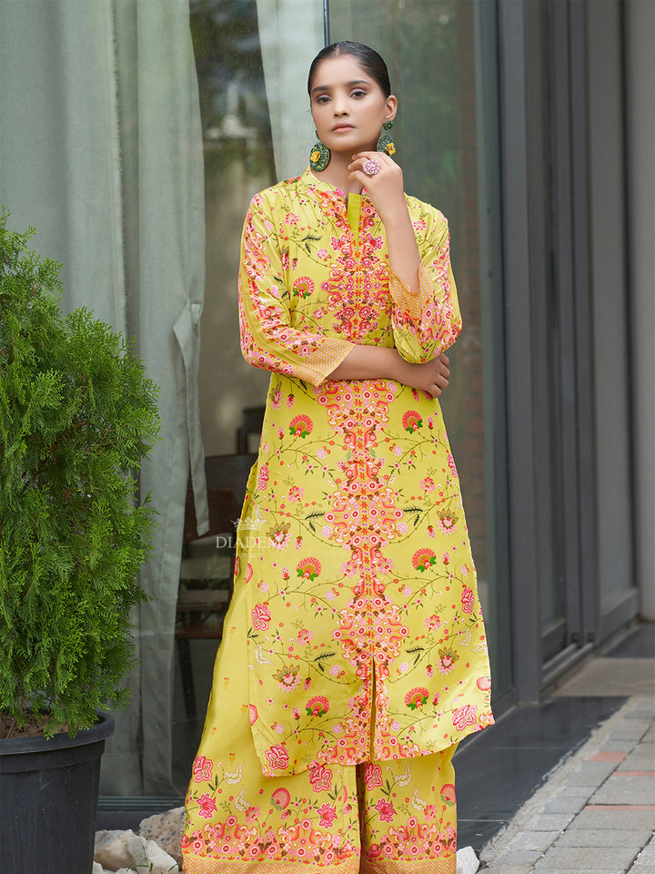 Yellow Floral Embroidered Crepe Palazzo Suit