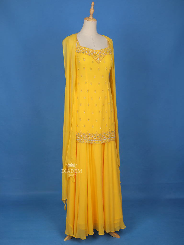 Yellow Floral Embroidered Georgette Palazzo Suit