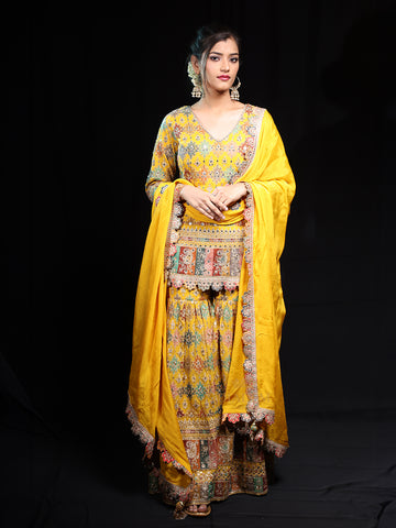 Yellow Floral Embroidered Georgette Sharara