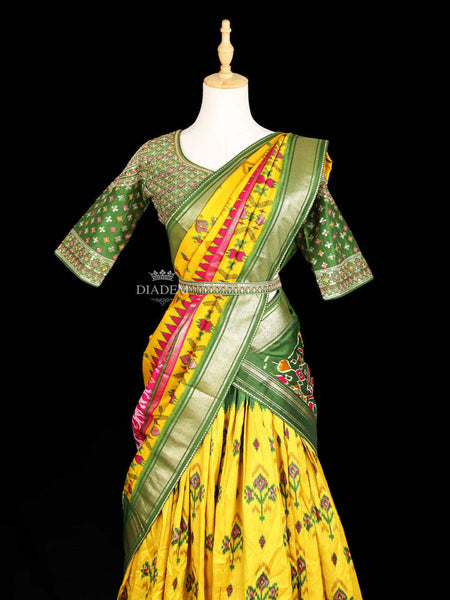 Yellow Lehenga Adorned with Floral Prints, with Matching Belt and Dupatta - Diadem