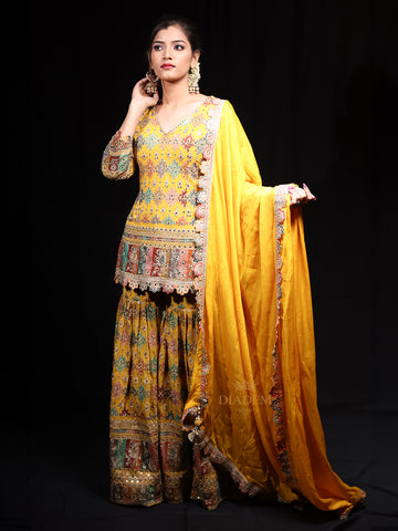 Party Wear Georgette Sharara Suit in Yellow