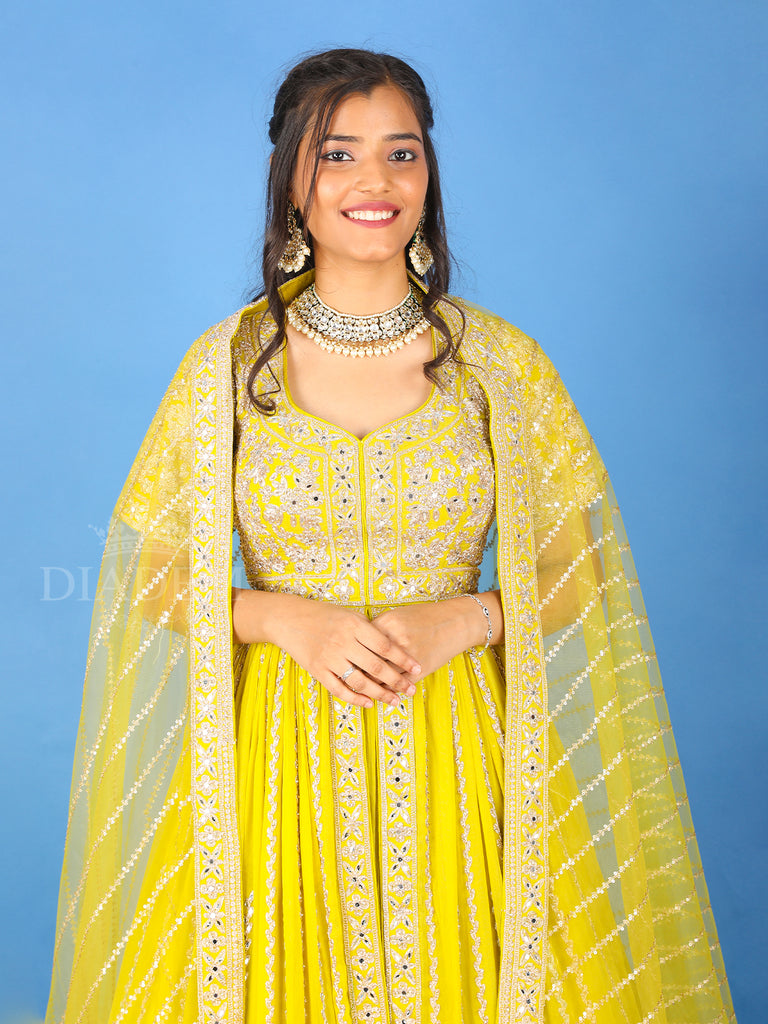 Half Sleeve Yellow Gown with Floral