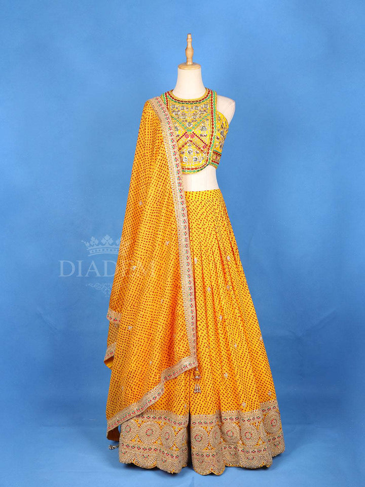 Yellow Lehenga Adorned with Floral Embroidery Designs, with Matching Dupatta and Sleeveless - Diadem