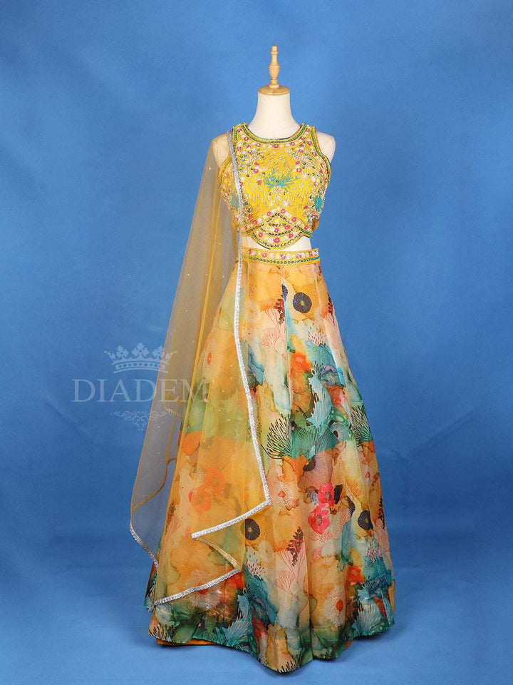 Yellow Lehenga Adorned with Floral Embroidery Designs, with Matching Dupatta and Sleeveless - Diadem