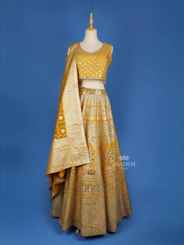 Yellow Banarasi Sangeet Lehenga for Bride Adorned with Floral and Mirror Designs, with Matching Dupatta and Sleeveless - Diadem