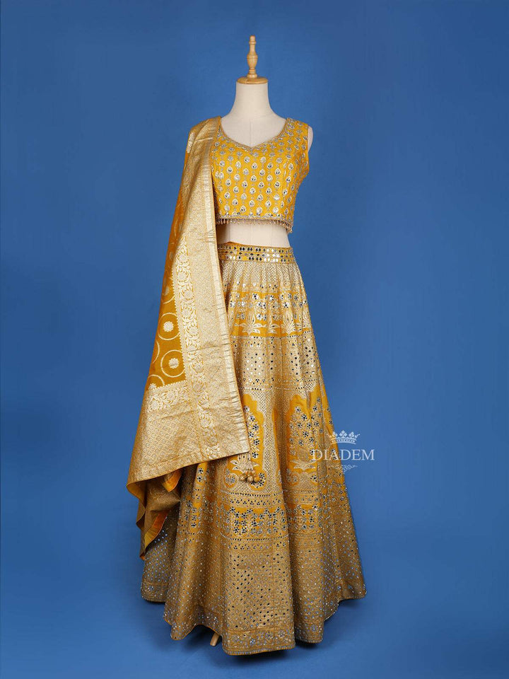 Yellow Banarasi Sangeet Lehenga for Bride Adorned with Floral and Mirror Designs, with Matching Dupatta and Sleeveless - Diadem