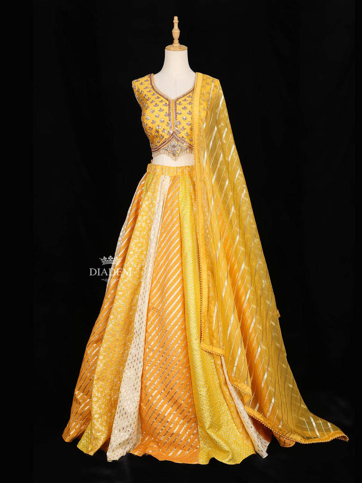 Yellow Banarasi Multicolor Wedding Bridal Lehenga with Panel Skirt - Diadem