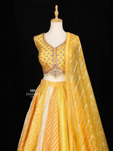 Yellow Banarasi Multicolor Wedding Bridal Lehenga with Panel Skirt - Diadem