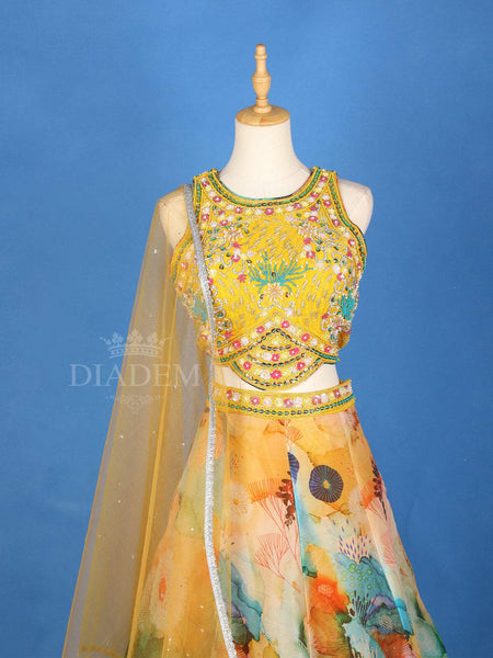 Yellow Lehenga Adorned with Floral Embroidery Designs, with Matching Dupatta and Sleeveless - Diadem